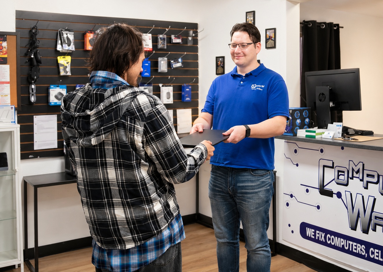 A Computer Wall technician in a blue Computer Wall polo handing a laptop back to a customer across the intake counter at the Stony Plain shop, with the Computer Wall branded counter and accessory shelf visible.