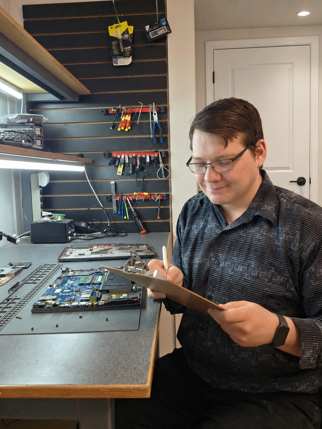 Computer Wall technician at the repair bench, clipboard in hand, examining a laptop motherboard during a System Exam intake.